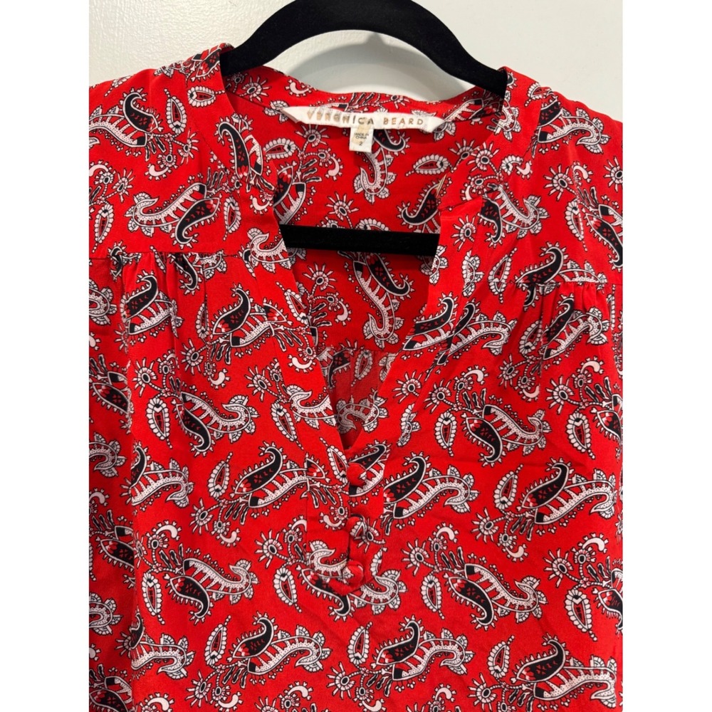 Veronica Beard Red Paisley 100% Silk Blouse V-Neck Long Sleeve Top Size 2 - Picture 3 of 8